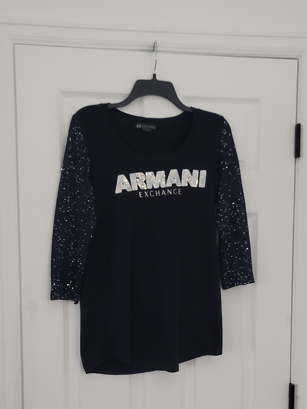 Armani Exchange Black Top with Sequin Sleeves and Silver Logo